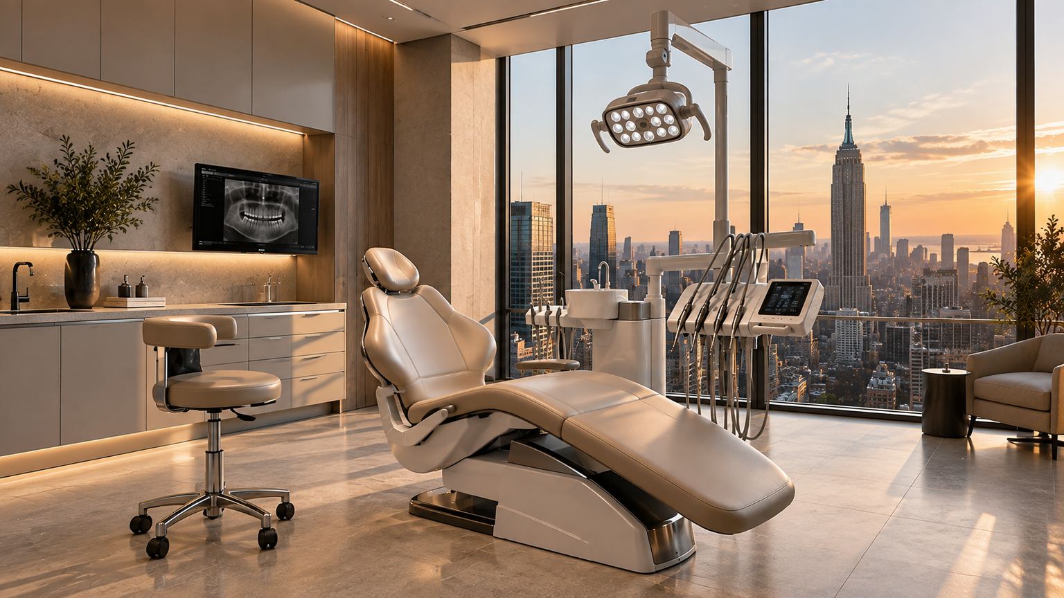 A dental chair in a bright operatory, floor-to-ceiling windows over the Manhattan skyline at sunset